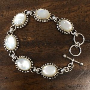 VINTAGE Sterling Silver Mother of Pearl Cabochon Links Bracelet